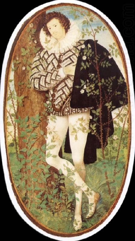 Leaning younger in rose bush, Nicholas Hilliard